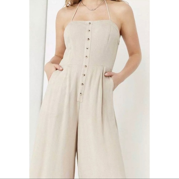 UO Silence + Noise Button-Front Gauzy Tan Jumpsuit - Picture 2 of 10